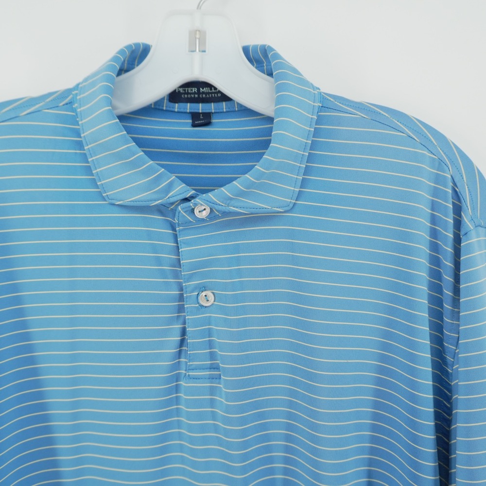 Peter Millar Polo Shirt Mens L Blue Striped Crown Crafted Macallan Real Estate